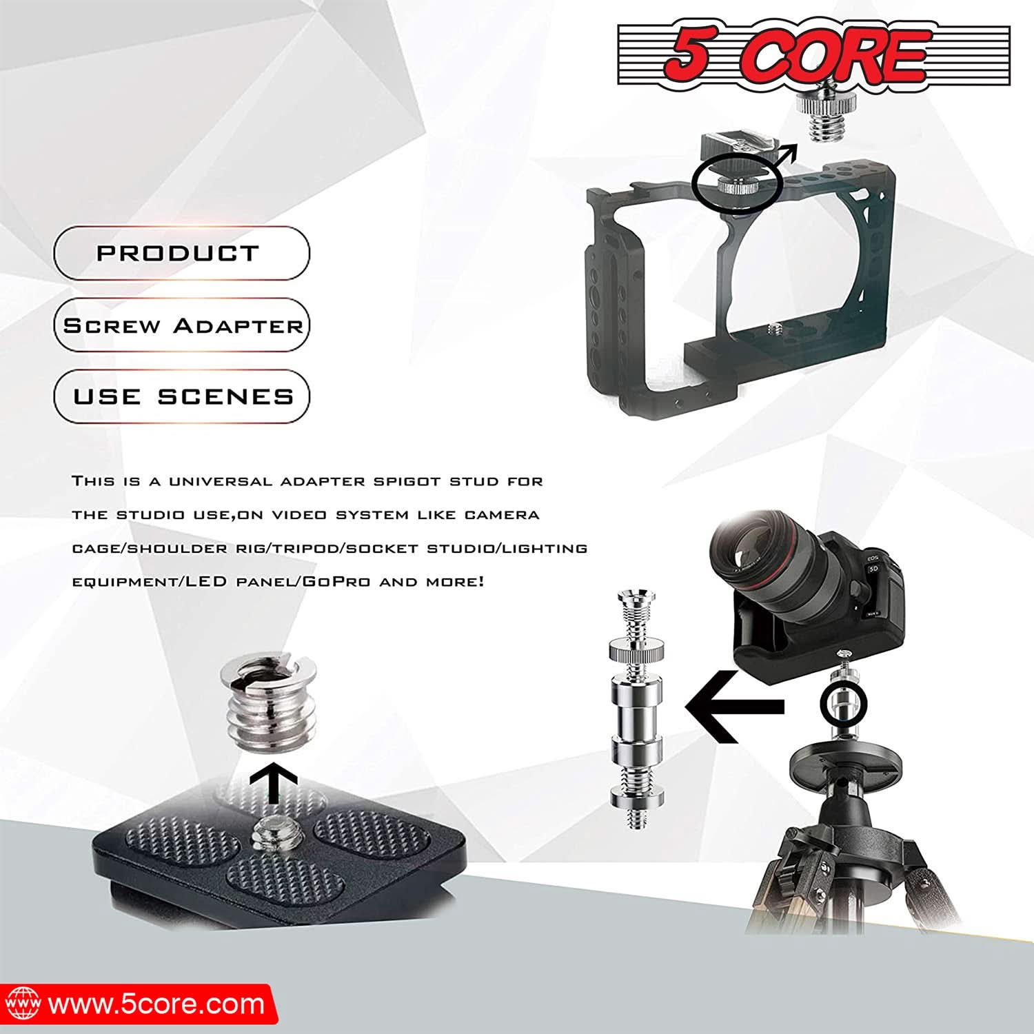 5 Core 3/8 to 1/4 Adapter 5Pcs Camera Mount Durable Tripod Screw