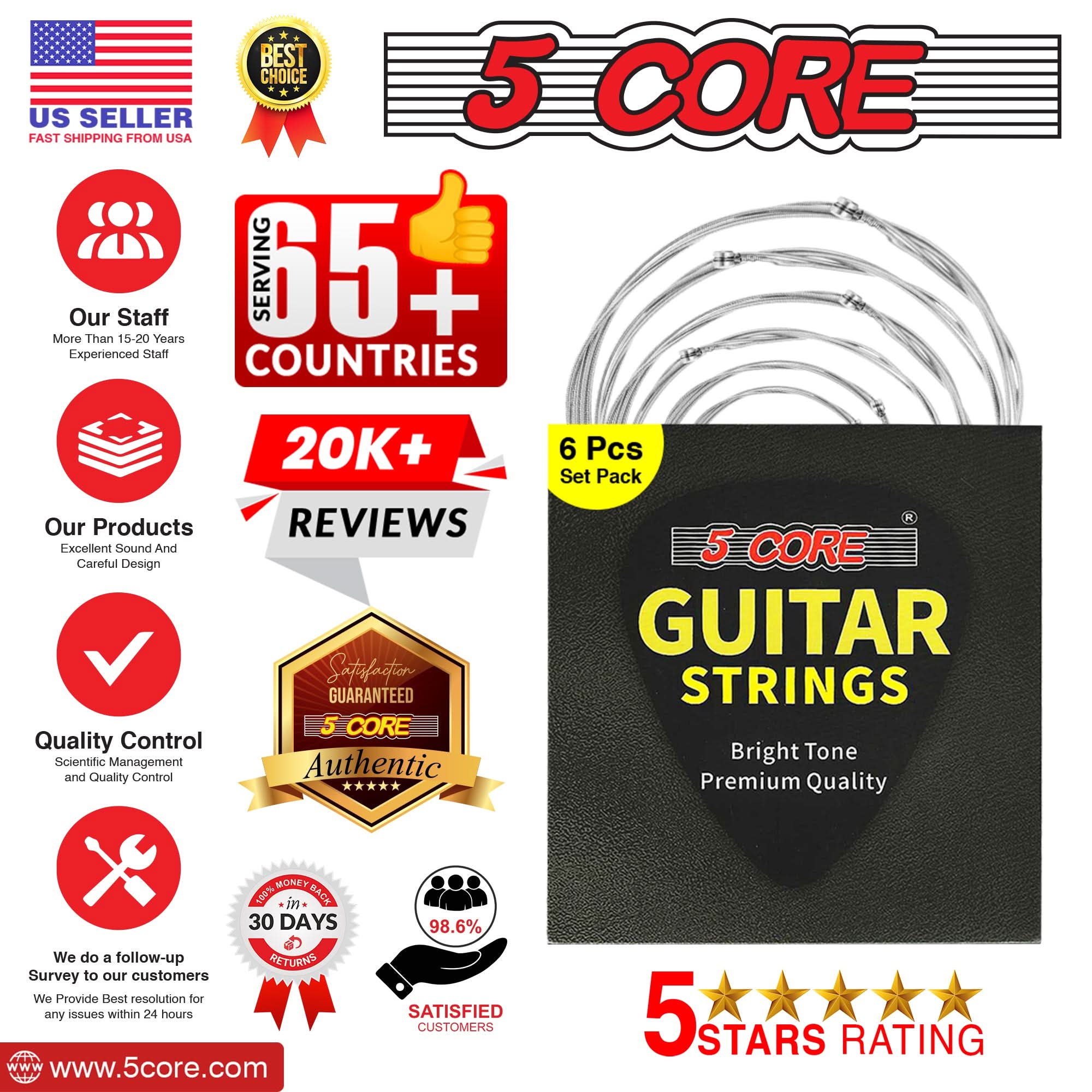 5 Core Acoustic Guitar 6 String Set Light Gauge Steel Carbon Core