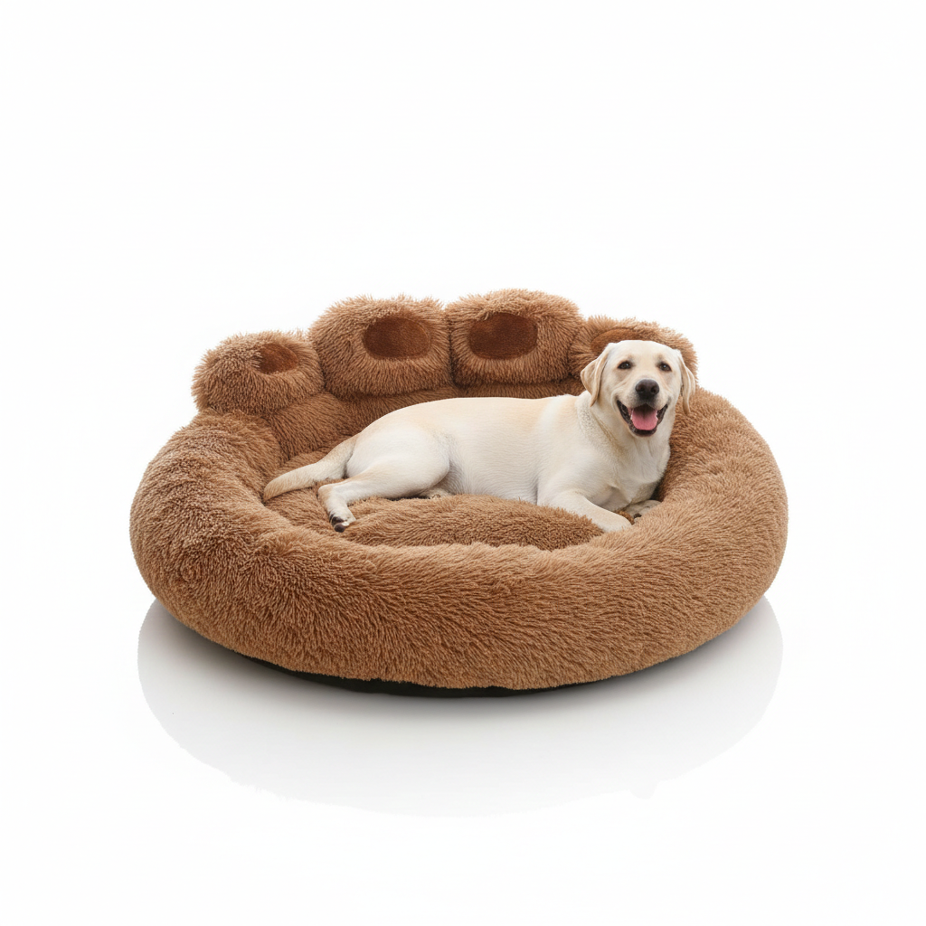 Paw Shape Calming Pet Bed, Plush Faux Fur Donut Bed for Dogs & Cats, Machine Washable, Non-Slip Bottom Daily-Ease