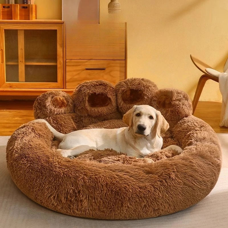 Paw Shape Calming Pet Bed, Plush Faux Fur Donut Bed for Dogs & Cats, Machine Washable, Non-Slip Bottom Daily-Ease