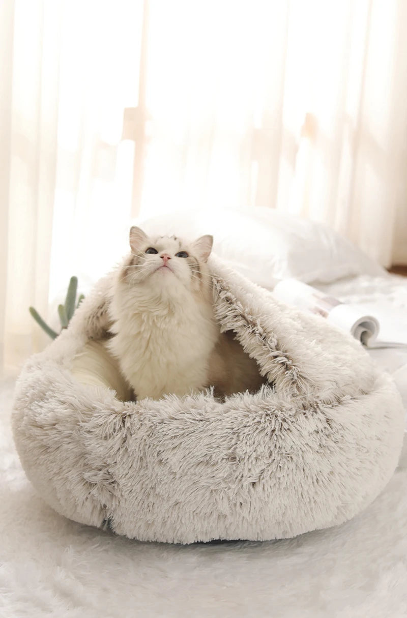 Soft Plush Pet Bed with Cover Round Cat Bed Pet Mattress Warm   Cat Dog  Sleeping Nest Cave for Small Dogs kitten Daily-Ease