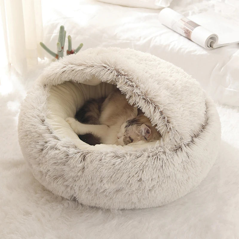 Soft Plush Pet Bed with Cover Round Cat Bed Pet Mattress Warm   Cat Dog  Sleeping Nest Cave for Small Dogs kitten Daily-Ease