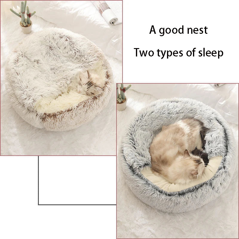 Soft Plush Pet Bed with Cover Round Cat Bed Pet Mattress Warm   Cat Dog  Sleeping Nest Cave for Small Dogs kitten Daily-Ease