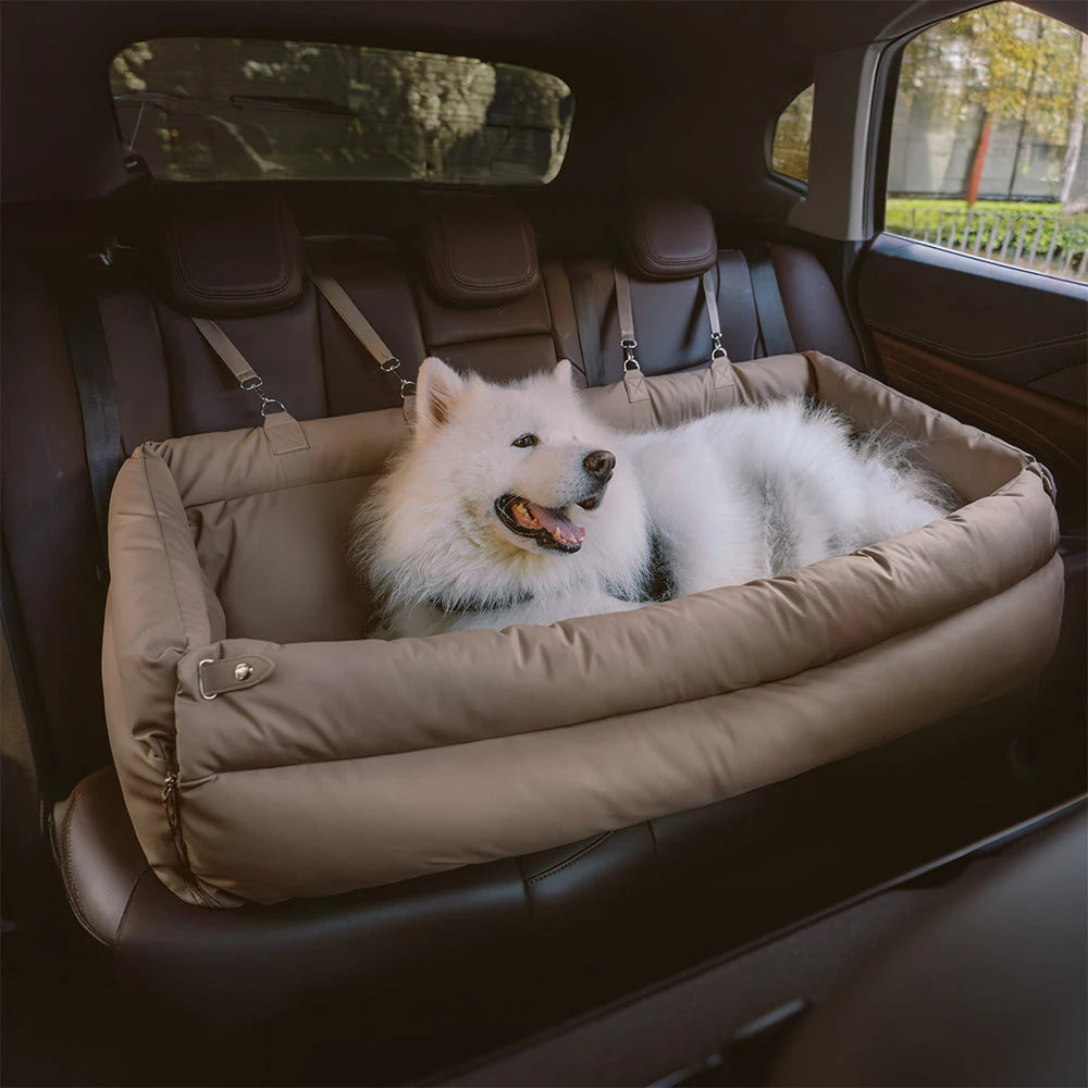 Luxury Faux Leather Pet Travel Bed with Safety Belt Cat Booster Seat Convertible Car Booster Bed for Small Medium Dog Cat Outing Daily-Ease