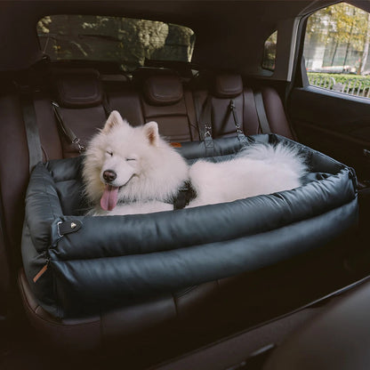 Luxury Faux Leather Pet Travel Bed with Safety Belt Cat Booster Seat Convertible Car Booster Bed for Small Medium Dog Cat Outing Daily-Ease