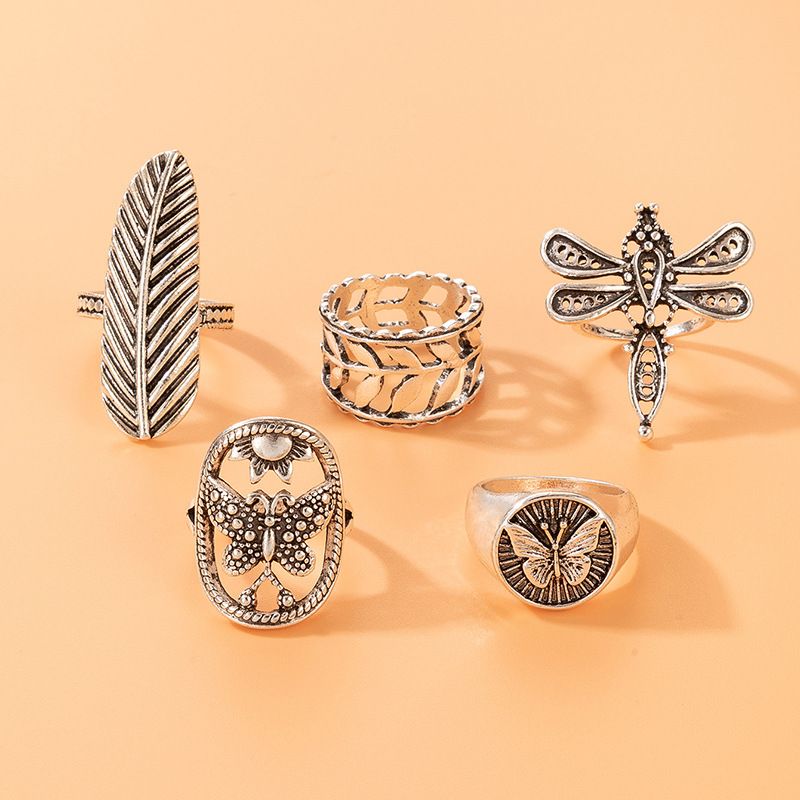 Geometric Leaf Totem Five-piece Ring Set