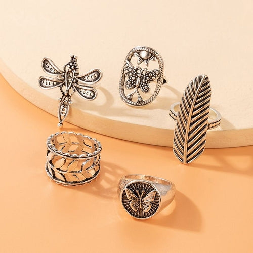 Geometric Leaf Totem Five-piece Ring Set