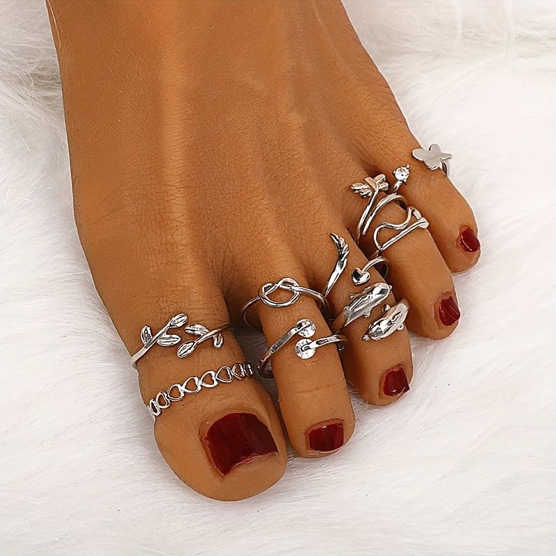 9 Pcs Adjustable Foot Ring Set - Snake, Butterfly, Dragonfly, Dolphin,