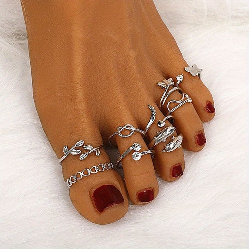 9 Pcs Adjustable Foot Ring Set - Snake, Butterfly, Dragonfly, Dolphin,