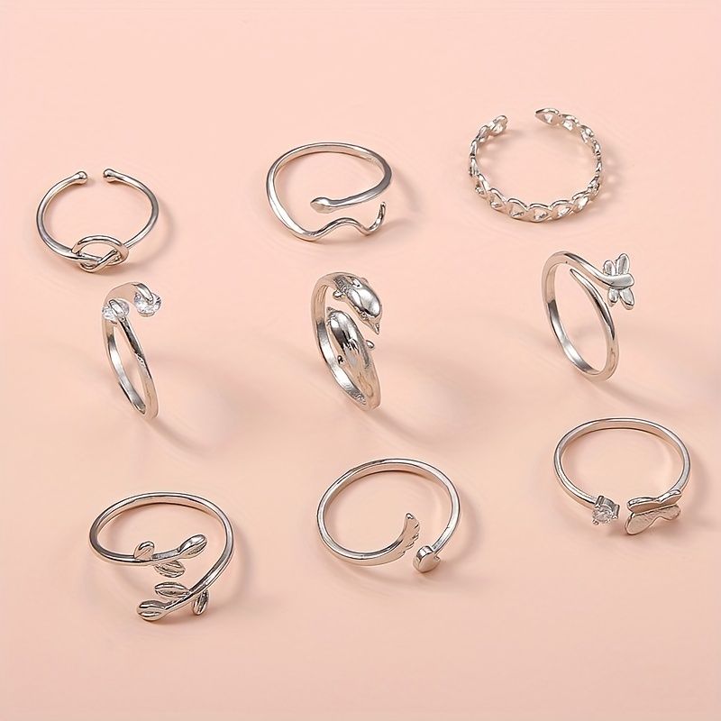 9 Pcs Adjustable Foot Ring Set - Snake, Butterfly, Dragonfly, Dolphin,